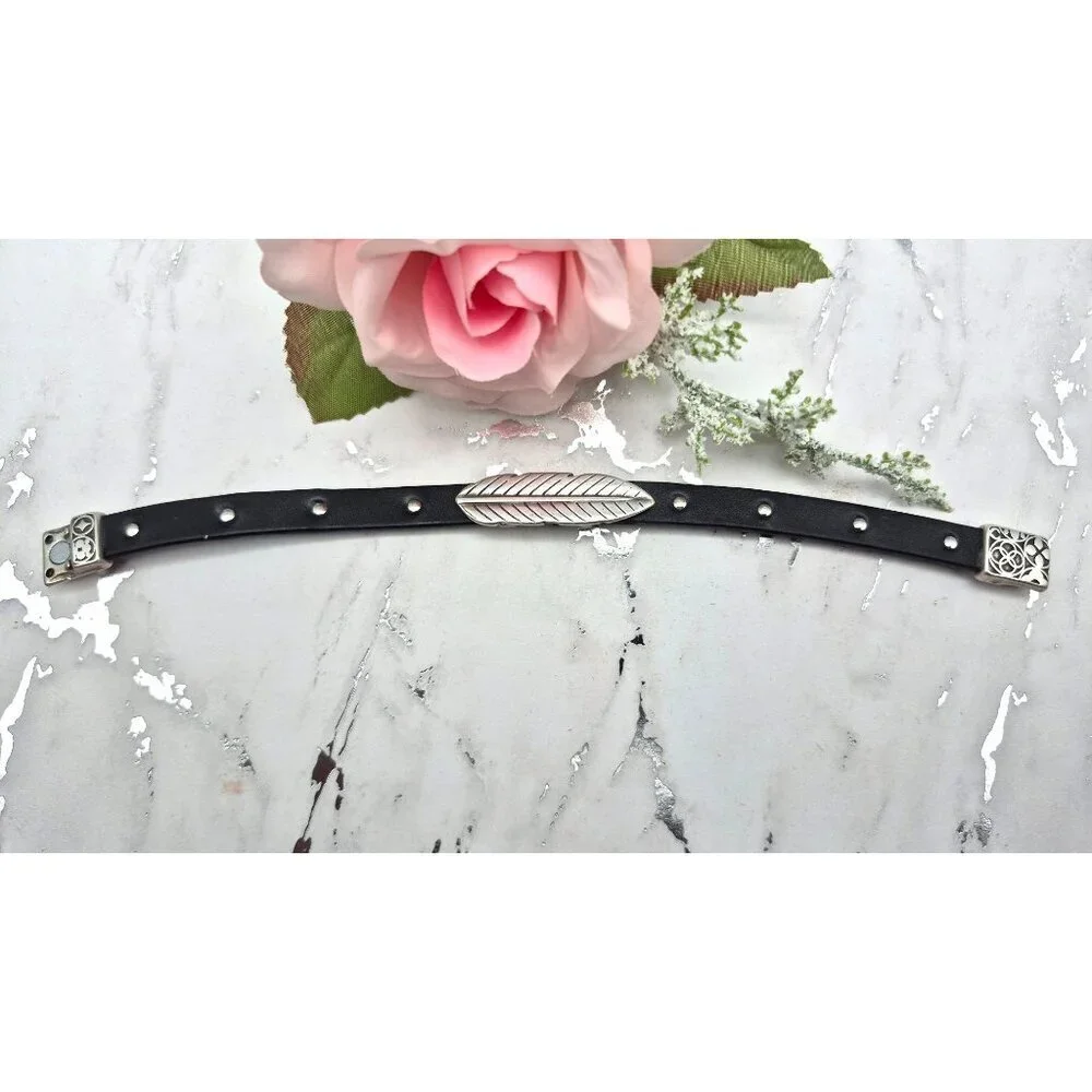 Mens Black Leather Bracelet Silver Tone Feather Slide Charm Punk Magnetic Clasp